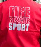 The jacket has the FBU badge printed on the right breast and 'Fire Rescue Sports' on the back.