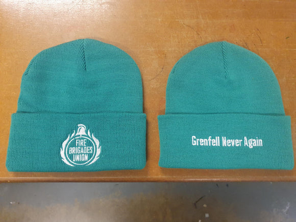 Made in distinctive green, in solidarity with the Grenfell community, the hat bears the FBU badge and the words ‘Grenfell Never Again’.
