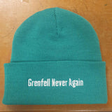 Made in distinctive green, in solidarity with the Grenfell community, the hat bears the FBU badge and the words ‘Grenfell Never Again’.