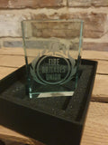 jade coloured glass and is engraved with the FBU Logo