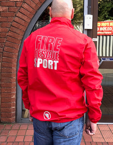 The jacket has the FBU badge printed on the right breast and 'Fire Rescue Sports' on the back.