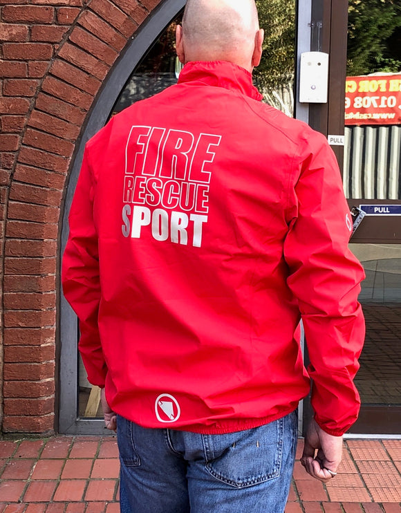 The jacket has the FBU badge printed on the right breast and 'Fire Rescue Sports' on the back.
