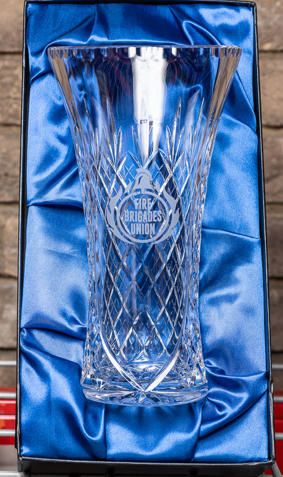 25.5cm Lead Crystal Panelled Flared Vase with the FBU badge engraved on the front.