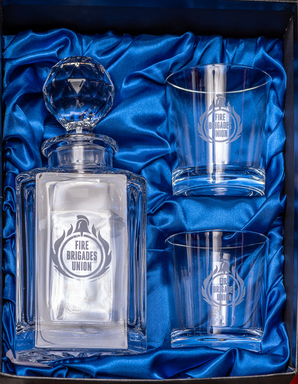 3pc 0.8ltr Whisky Set with the FBU logo Engraved on each piece in a Satin Lined Box