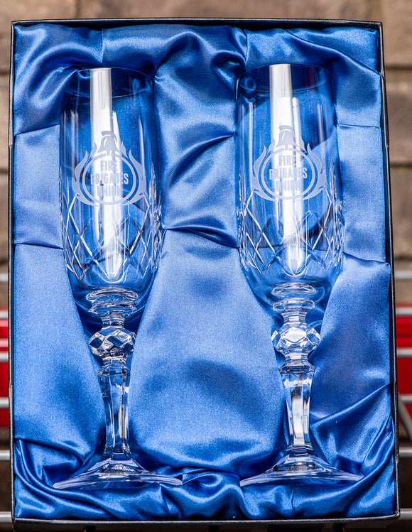 pair of Crystalite Panel Champagne Flutes with the FBU badge engraved on each glass.