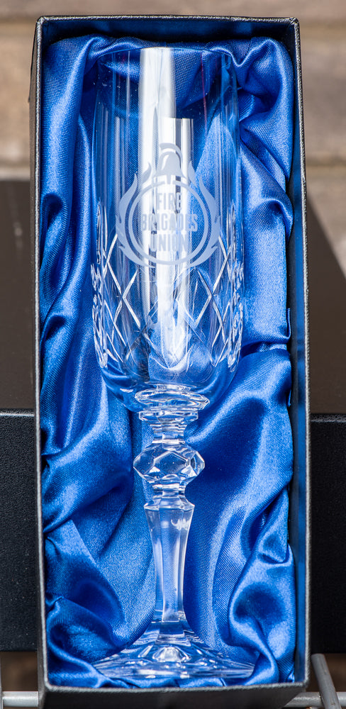 A beautiful 180ml Crystalite Panel Champagne Flute with the FBU badge engraved on the front.