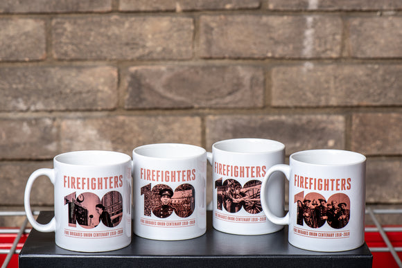 a set of four special mugs featuring the FBU centenary photo on one side and a special photo from the WW2 period on the other. You can choose from fantastic images of WW2 firefighters taking a break from operations with a mug of tea, women firefighters drilling with a hose and a wheeled escape, a fantastic image of a control operator in action, and also BME Fire Service pioneer George Arthur Roberts.